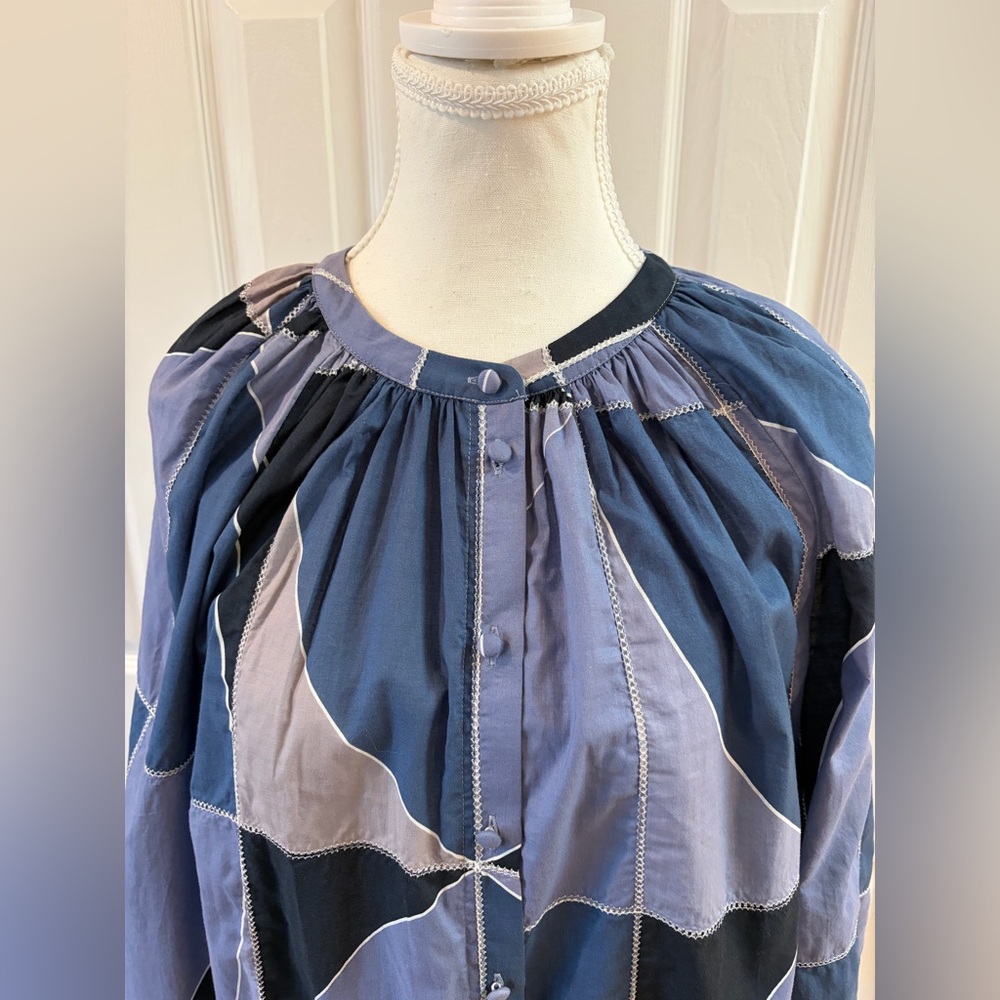 Sezane Lealys Blue Patchwork Cotton Button Up Blo… - image 2